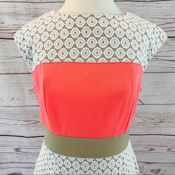 Sandra Darren neon coral white beige lace sheath - Picture 2 of 14
